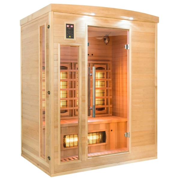 A France Sauna Apollon 3C: Corner Infrared Sauna cabin with a warm orange glow from built-in heaters, featuring a digital control panel on the front left and glass doors with metal handles.