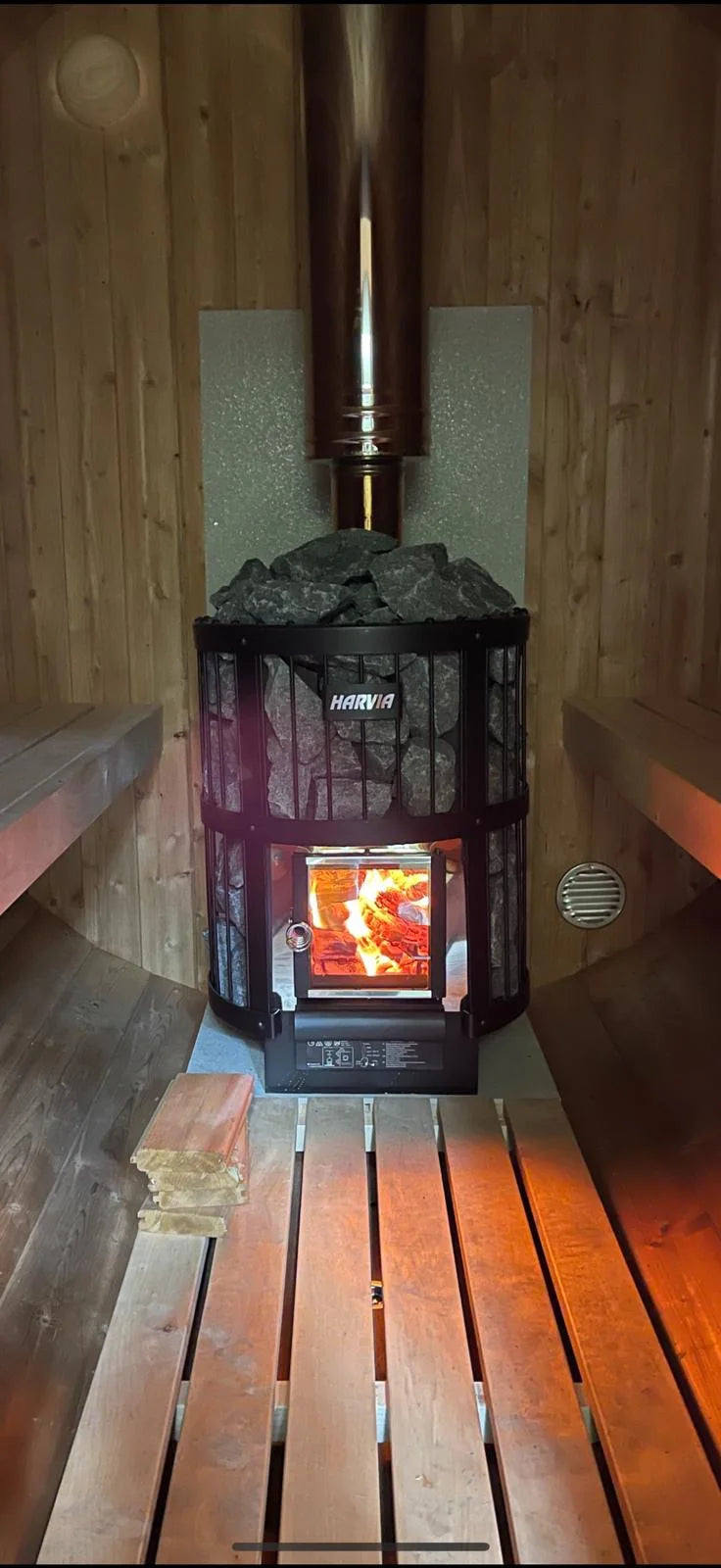 The Harvia Legend 150, which holds 120kg of stone against the M3's 30kg