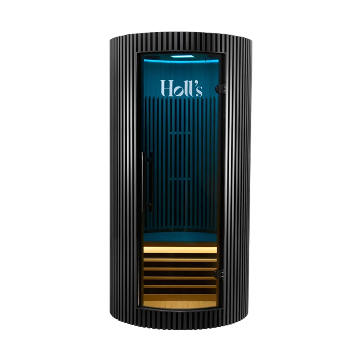 A modern black Holl's Moon 1 wooden sauna cabin with a curved exterior with a black ribbed exterior, a glass door showing a blue interior
