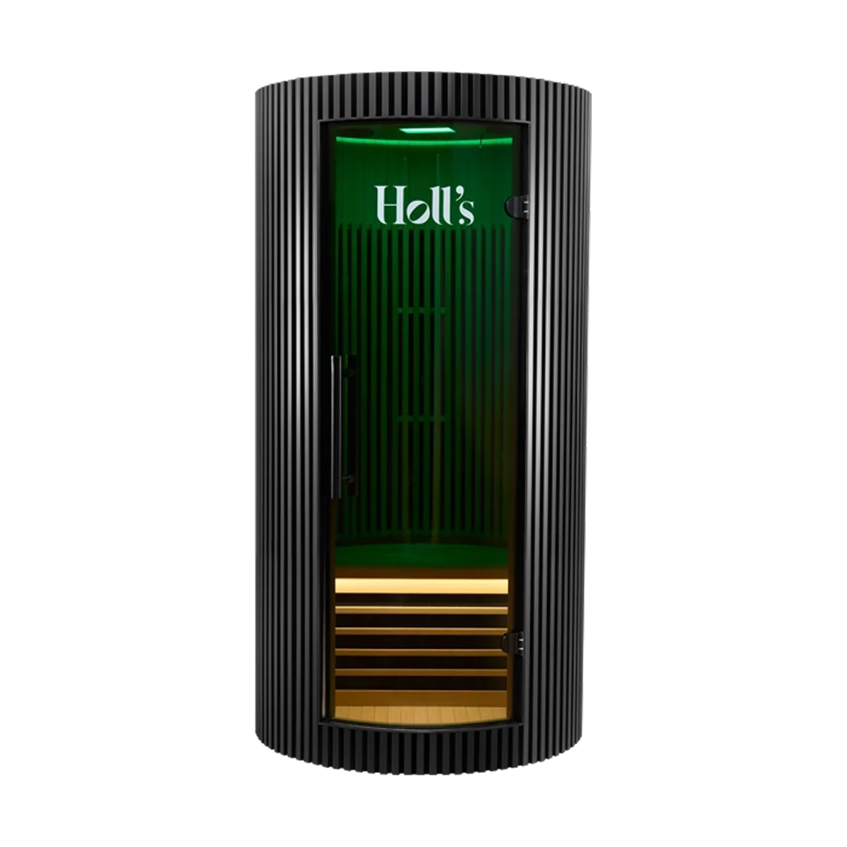 A black ribbed Holl's Moon 1 wooden sauna cabin with a curved exterior cylindrical far-infrared sauna cabinet with a glass door, illuminated green interior, and wood-look shelves