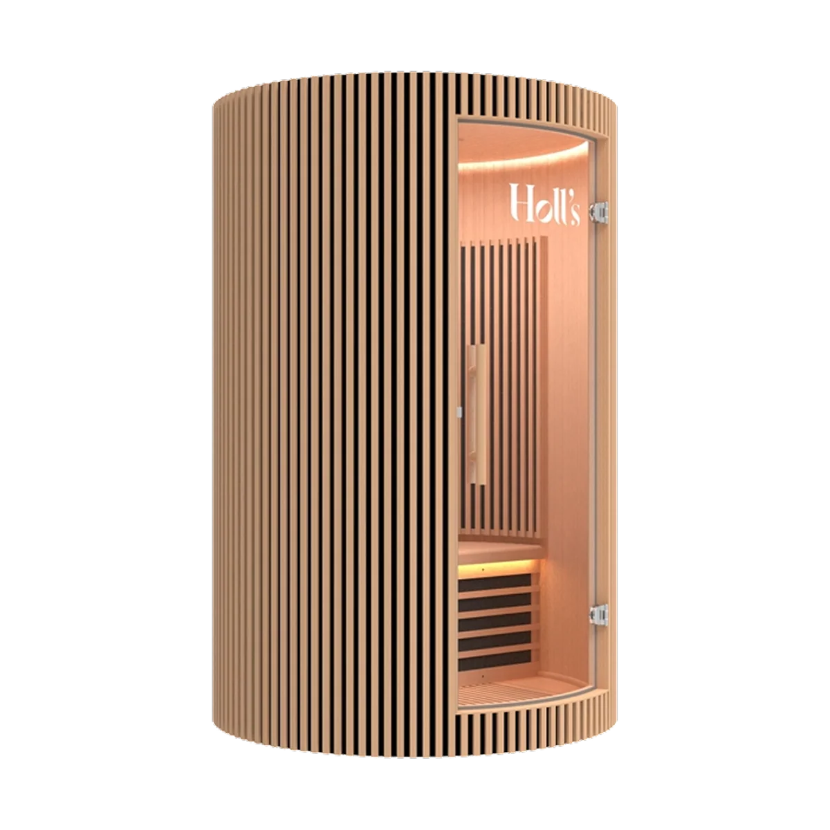 A natural wood Holl's Moon 2: 2 Person Infrared Sauna with a glass door