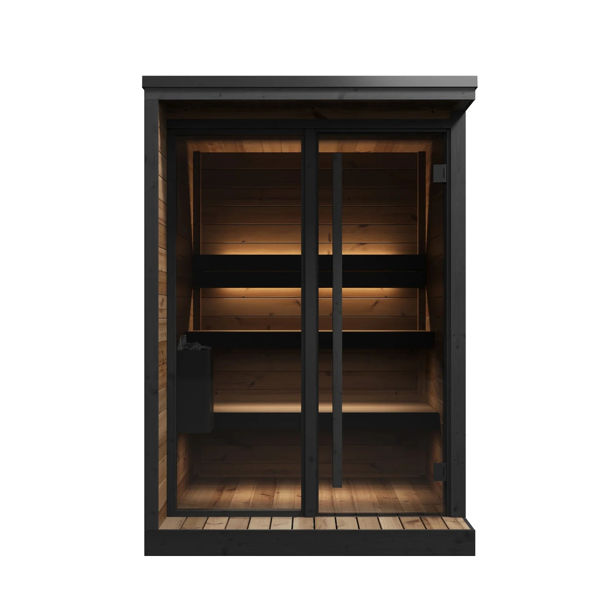 Hiki S straight on, the two level benches visible through the glass door