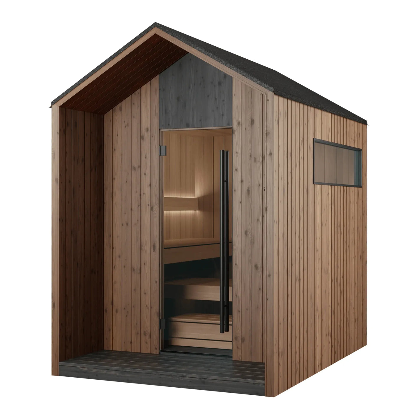 AIRA outdoor sauna, natural finish, from the front corner