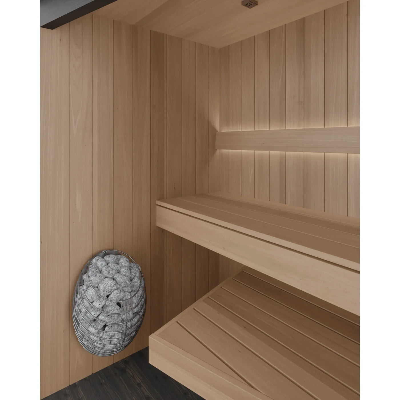 EMBA interior: single bench along the back wall with the heater and LED backrest light