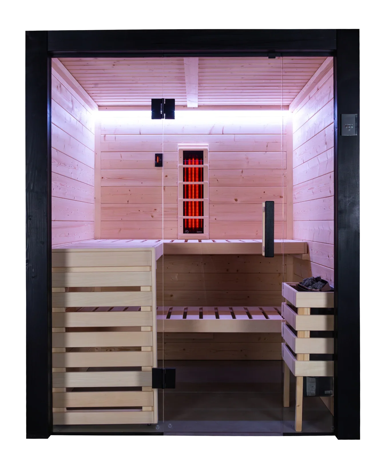 Front view of the cabin showing the L shaped benches, the corner heater with stones and the VitaMy infrared radiator