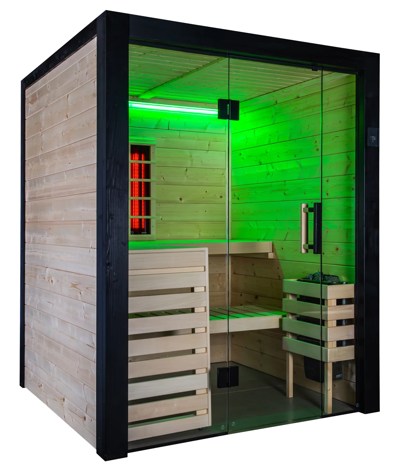 The cabin lit in white, showing the lime wood interior, backrest and headrest