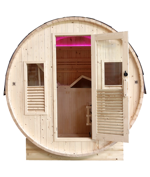 France Sauna Gaïa Bella outdoor sauna, front view with the door open showing the interior