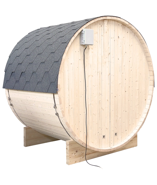 France Sauna Gaïa Bella outdoor sauna, rear three quarter view with shingle roof
