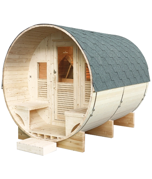 France Sauna Gaïa Luna outdoor sauna, front view showing the covered deck under the shingle roof