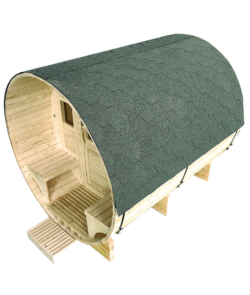 France Sauna Gaïa Luna outdoor sauna, rear three quarter view with shingle roof