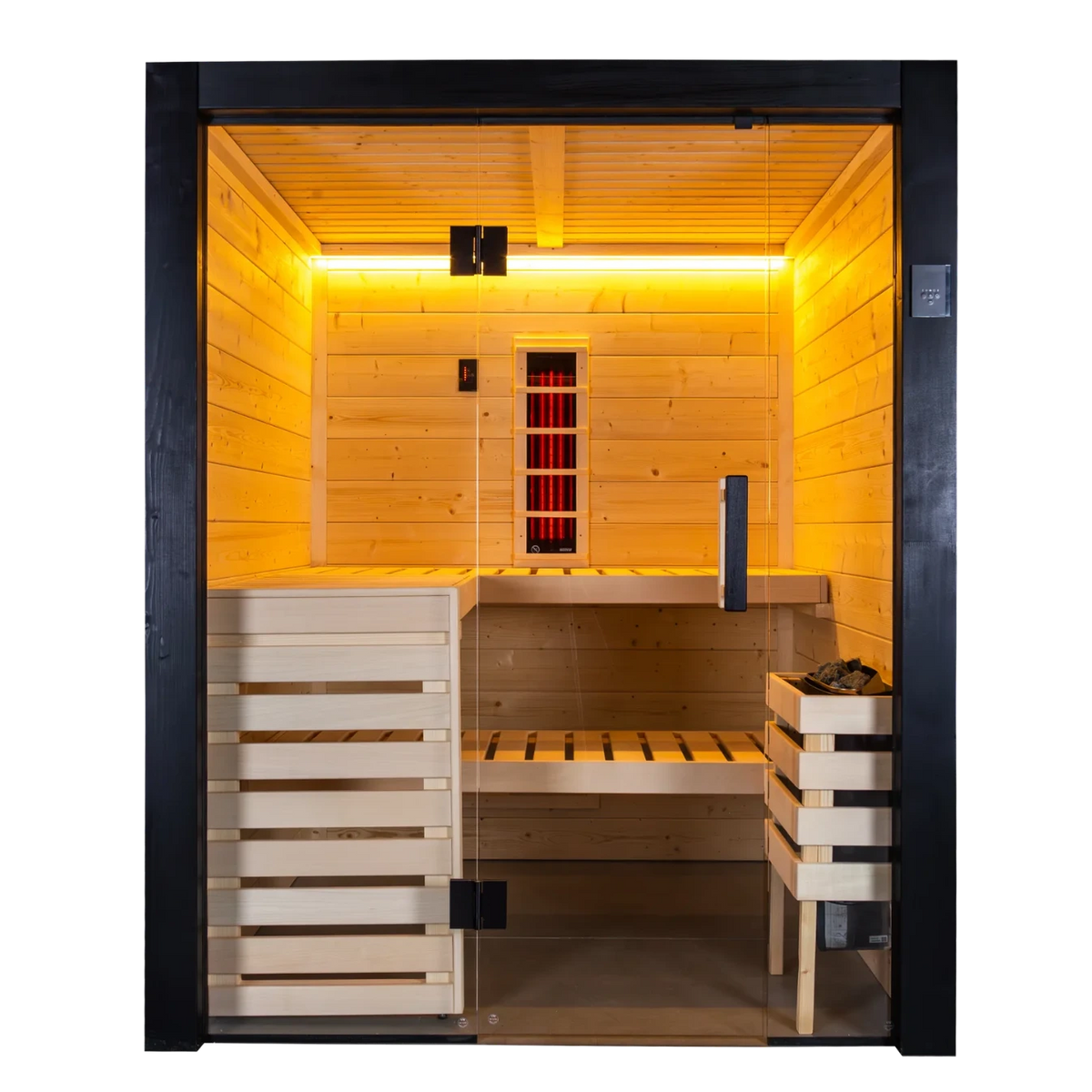 Harvia Family Hybrid Small indoor sauna, front view with amber chromotherapy lighting on