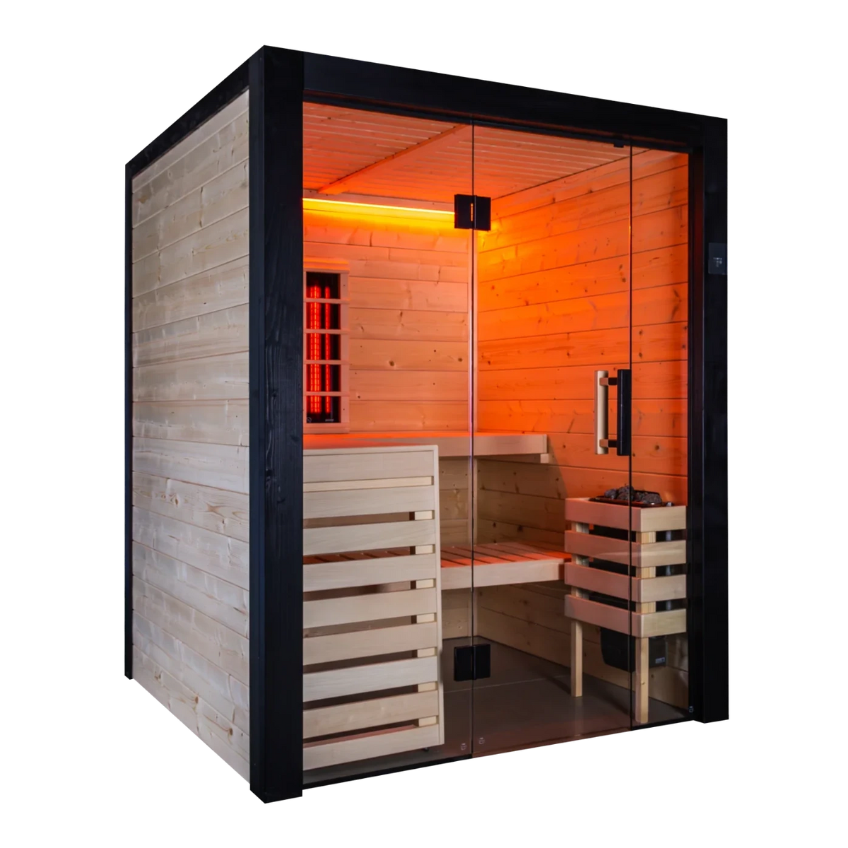 Harvia Family Hybrid Small indoor sauna, front view with red chromotherapy lighting on