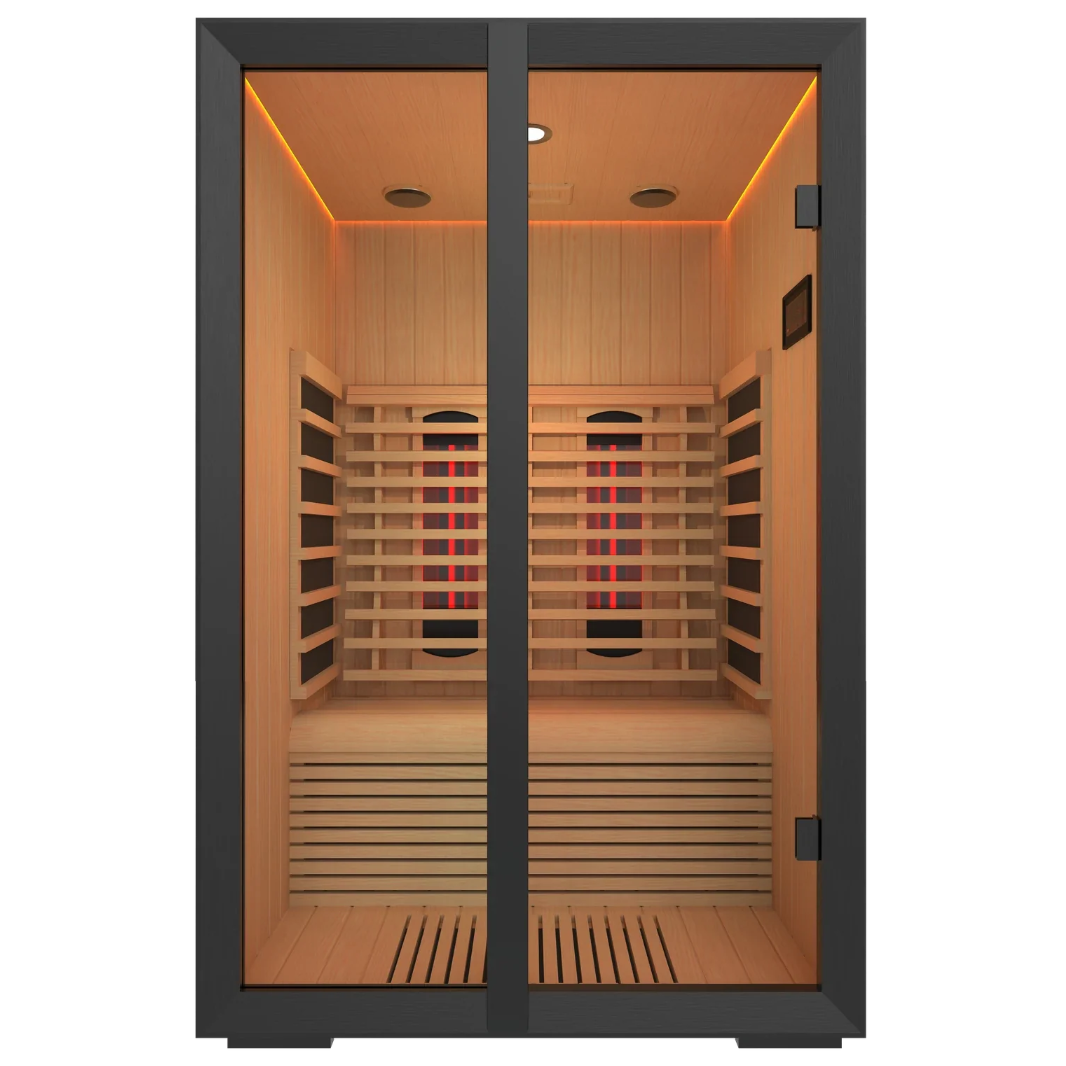 Harvia Onni infrared sauna, front view with glass doors closed and emitters lit