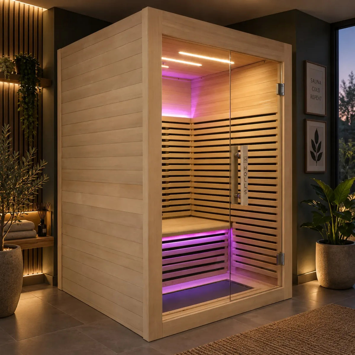 Holl's Canopée 2 infrared sauna in a room with purple chromotherapy lighting