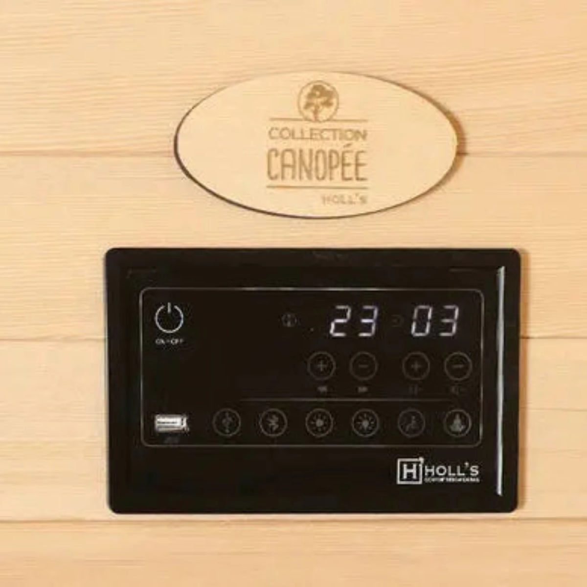 Holl's Canopée 3C corner infrared sauna control panel showing time and temperature