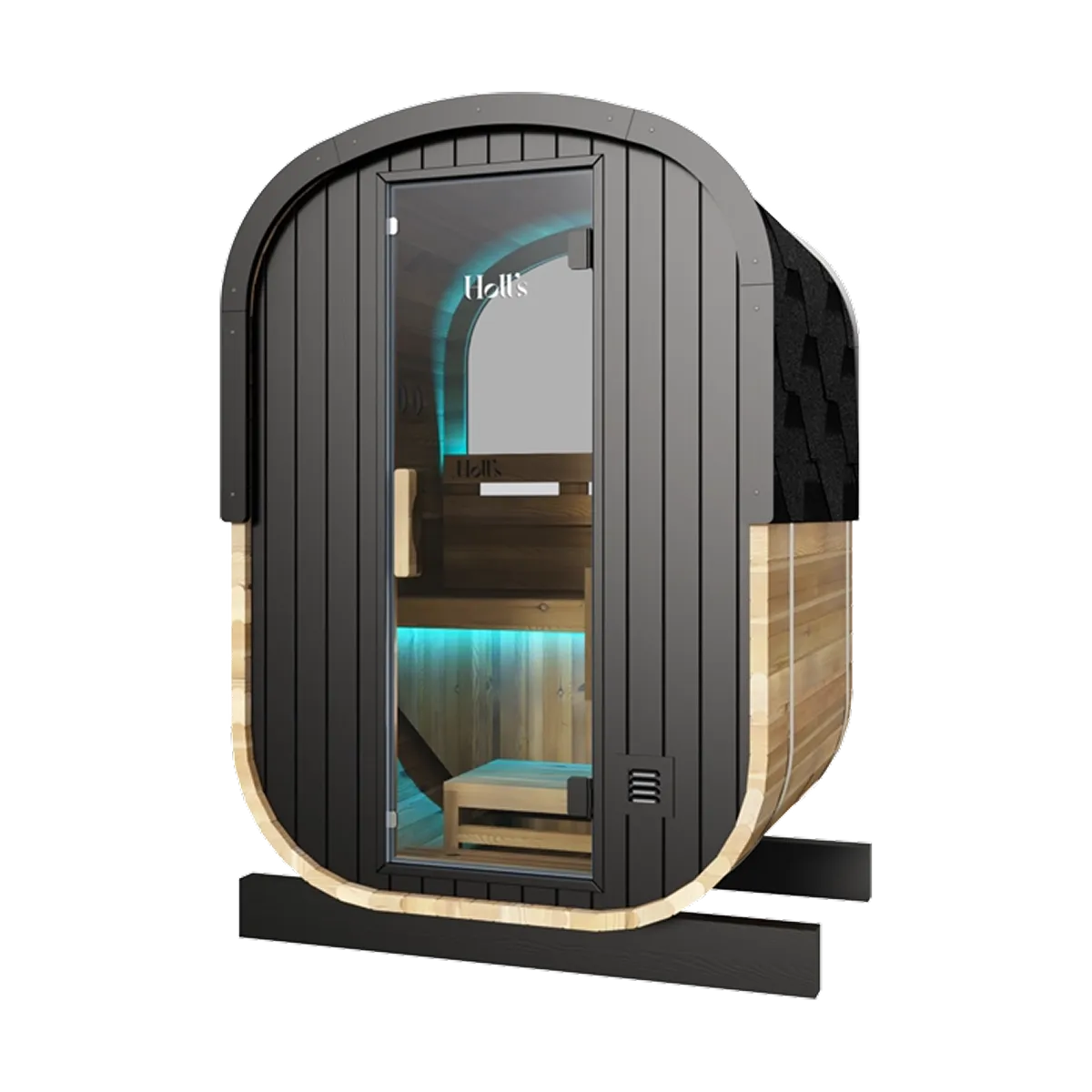 Holl's Cocoon 130 outdoor sauna, front three quarter view with black cladding