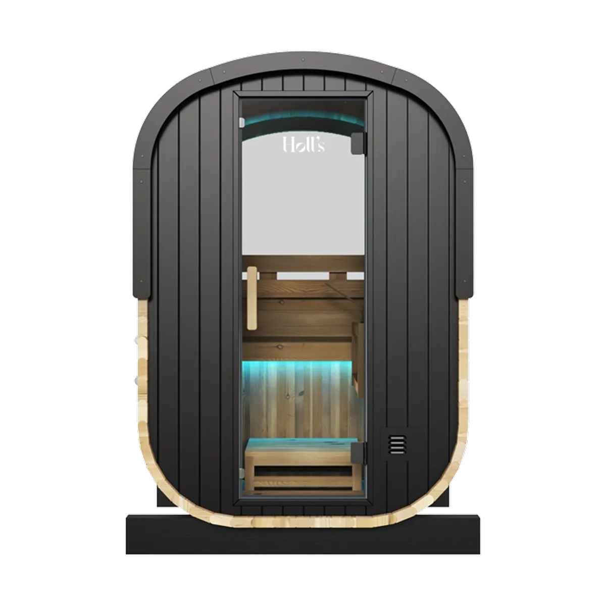 Holl's Cocoon 130 outdoor sauna, straight on front view with glass door