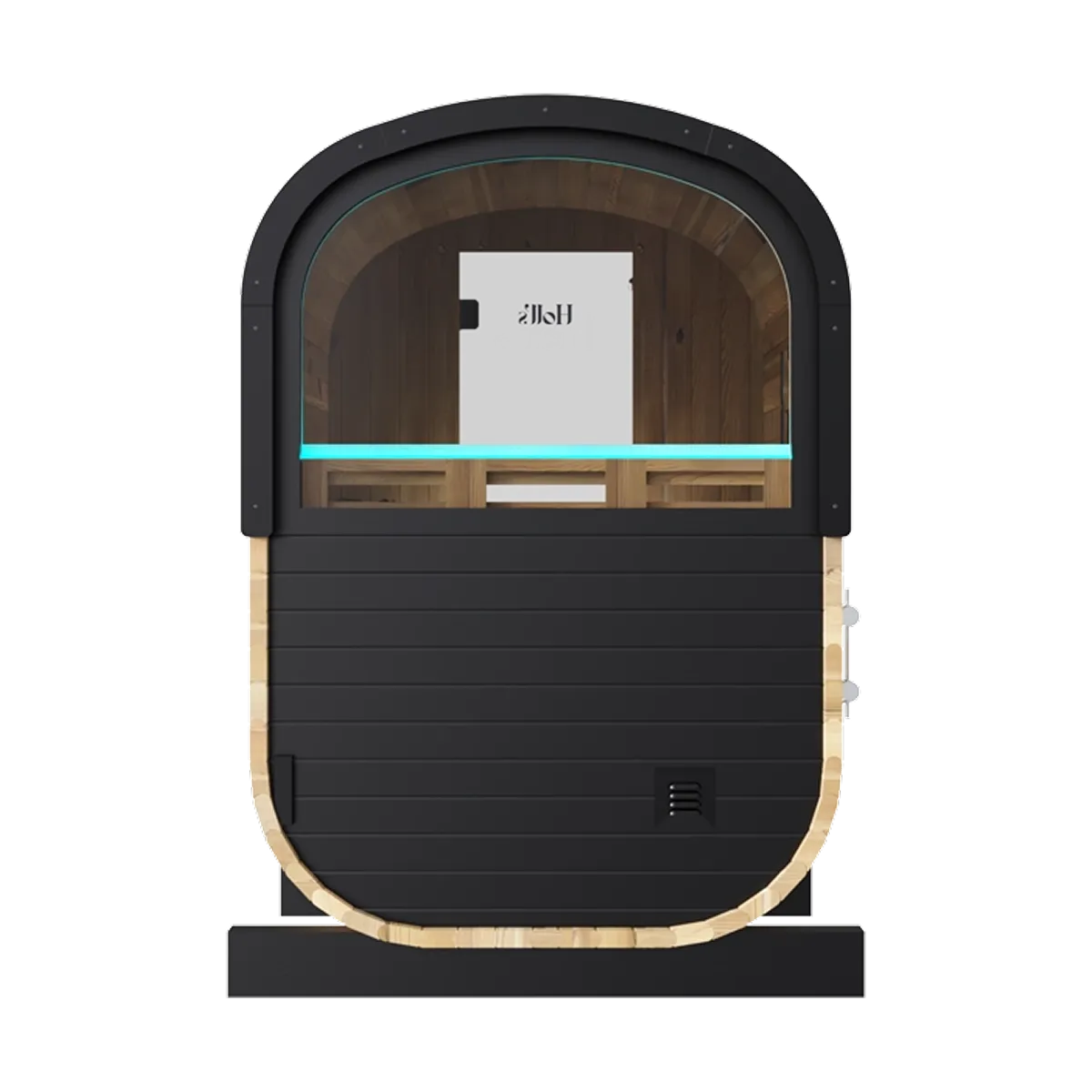 Holl's Cocoon 130 outdoor sauna, rear view with porthole window