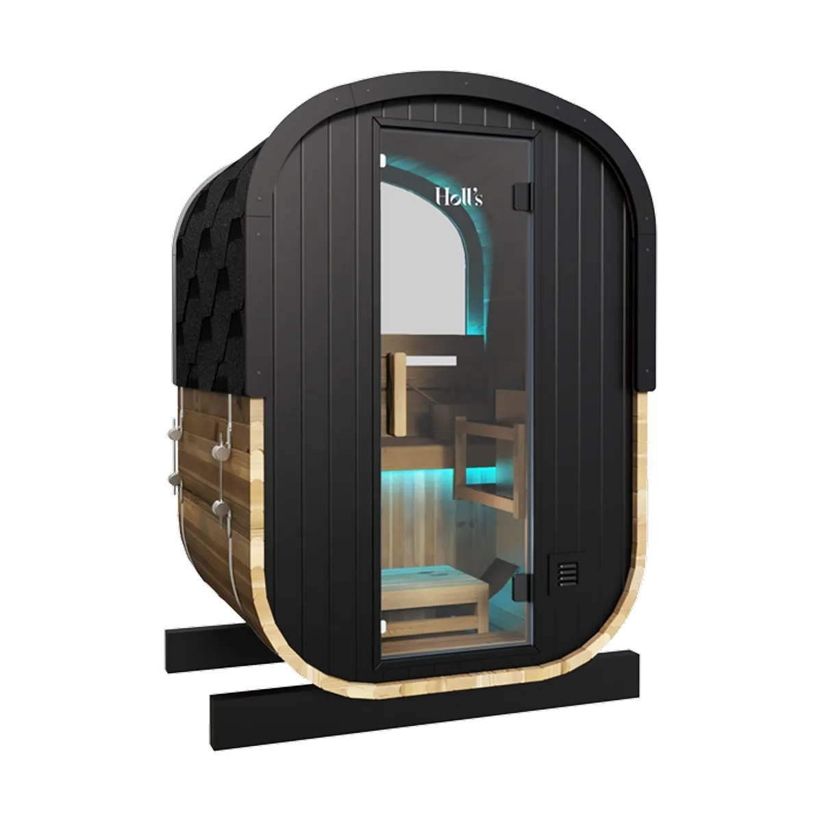 Holl's Cocoon 130 outdoor sauna, side three quarter view showing the rounded shell