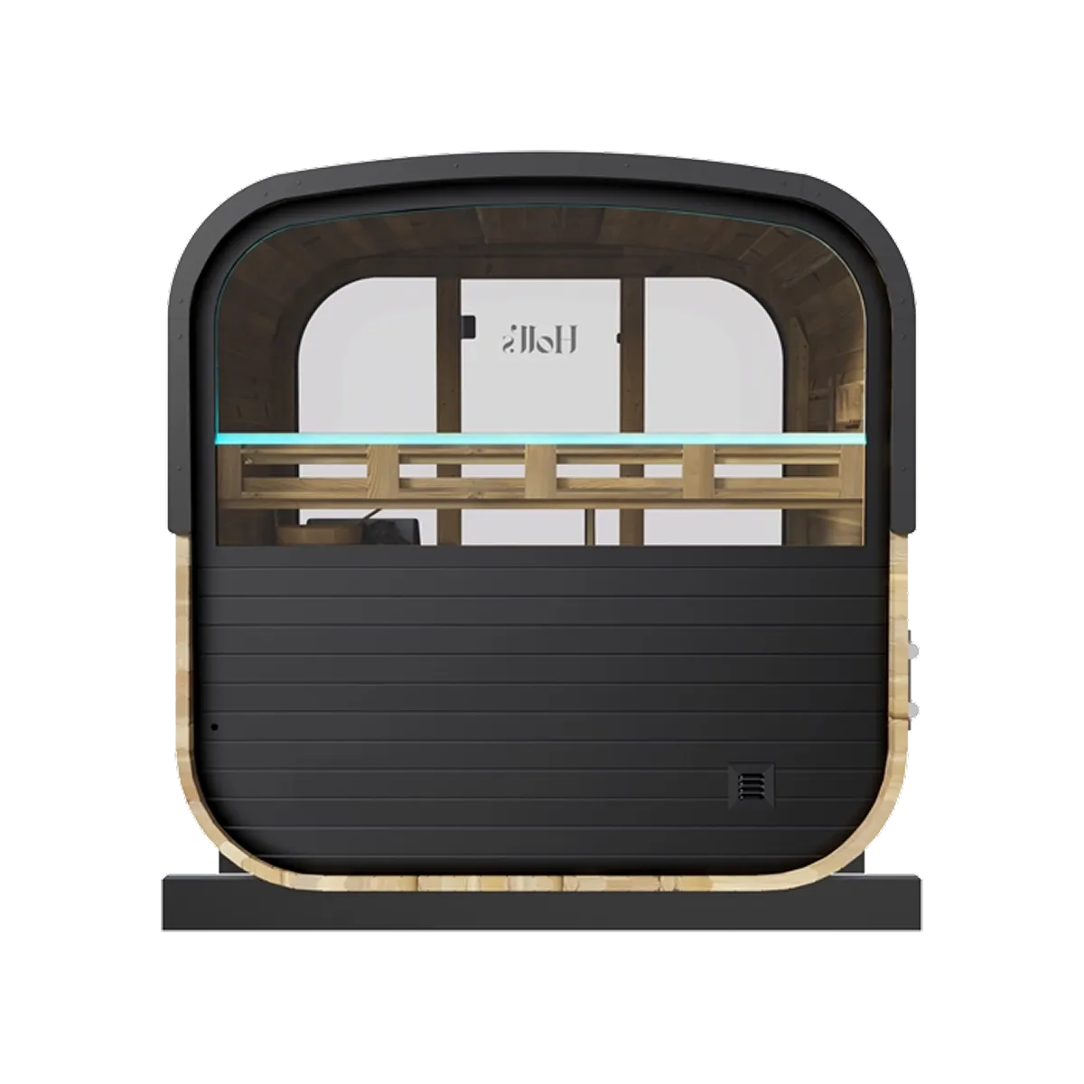Holl's Hestia 160 outdoor sauna, front view with black cladding and glass front
