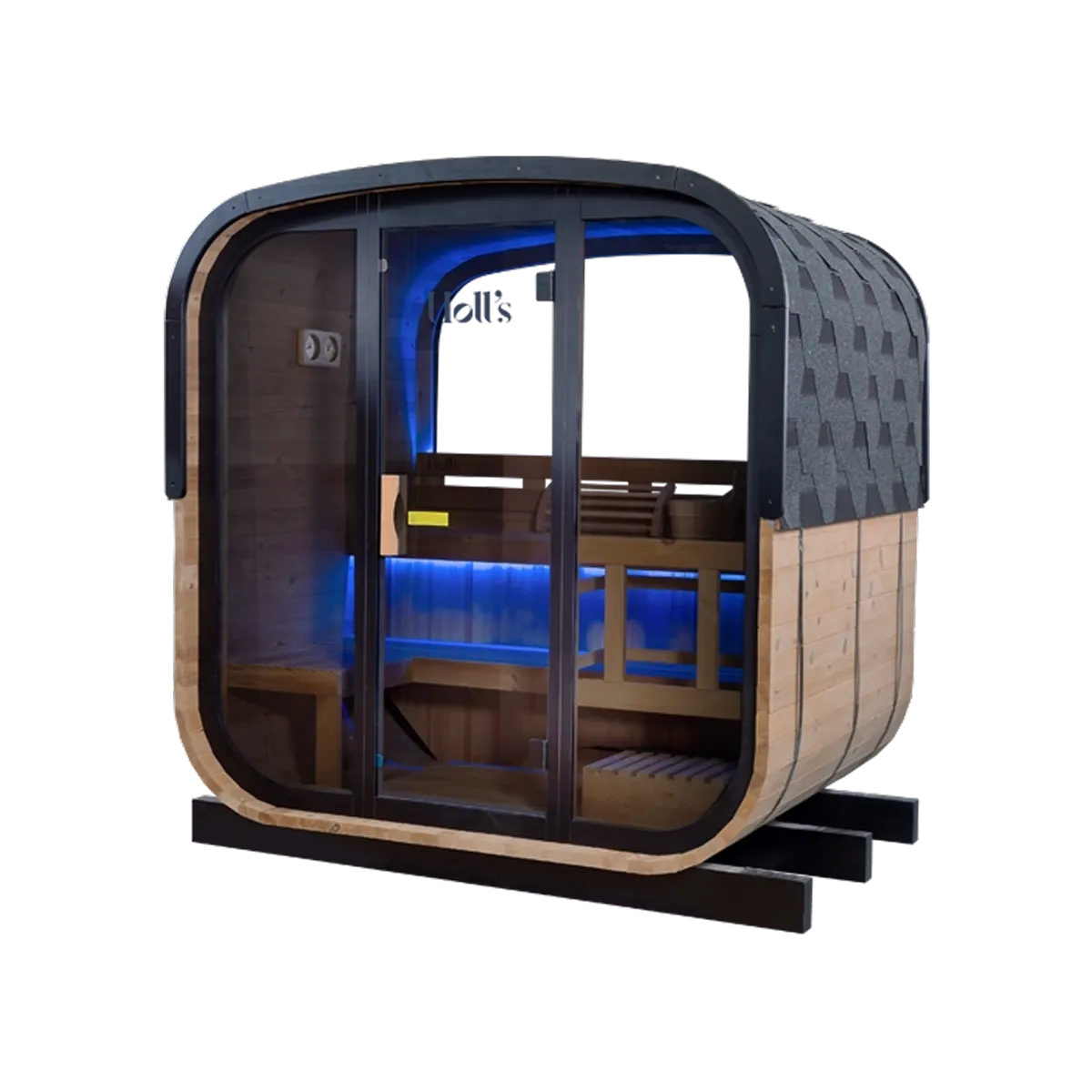 Holl's Hestia 160 outdoor sauna, front three quarter view with blue LED interior
