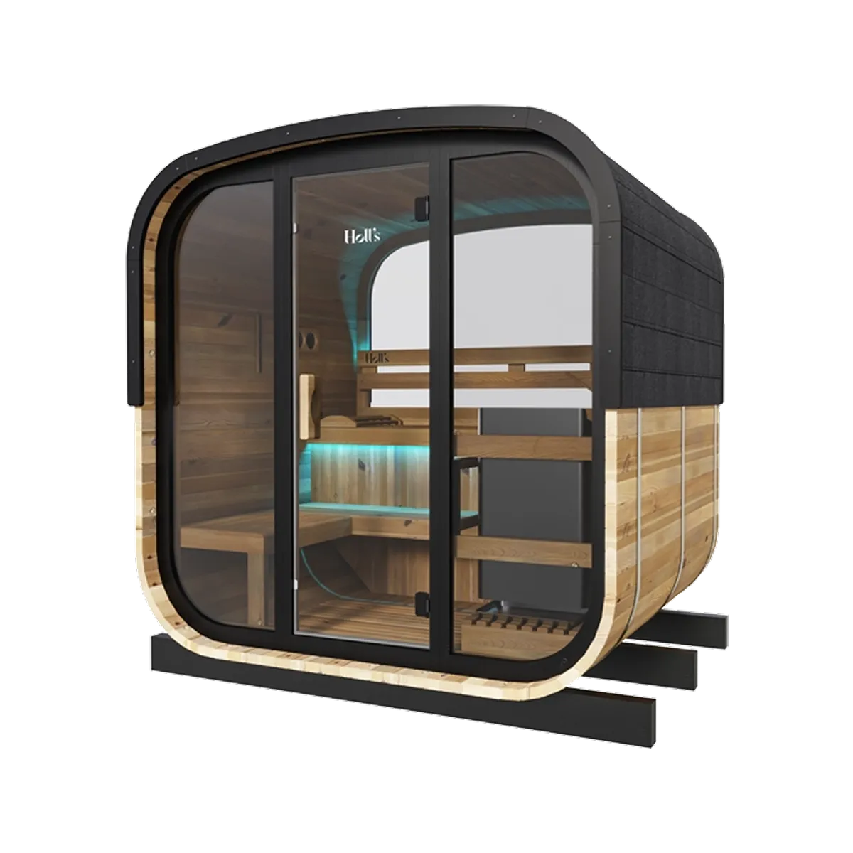 Holl's Hestia 160 outdoor sauna, angled front view showing the glass wall