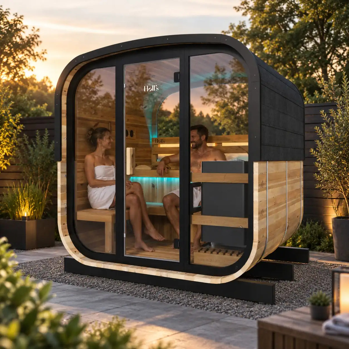 Holl's Hestia 160 outdoor cube sauna on a terrace at dusk with interior lit