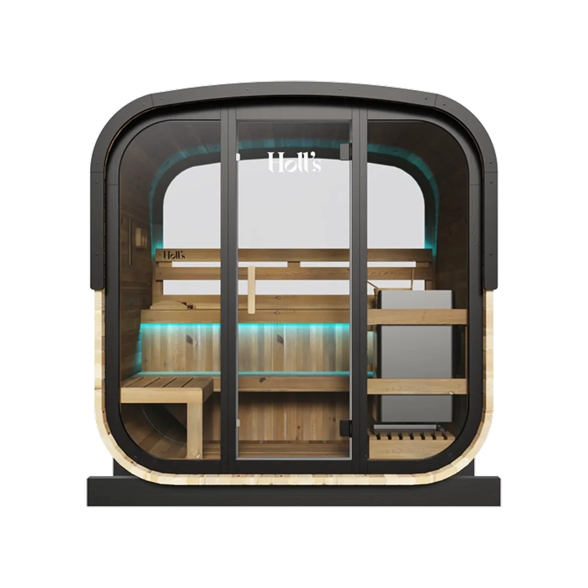 Holl's Hestia 160 outdoor sauna, side three quarter view from the left