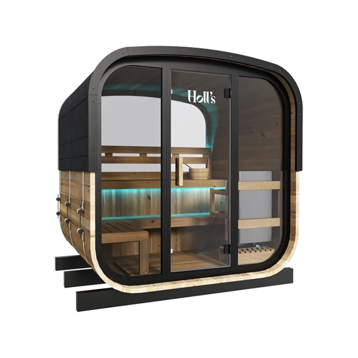 Holl's Hestia 160 outdoor sauna, side three quarter view from the right