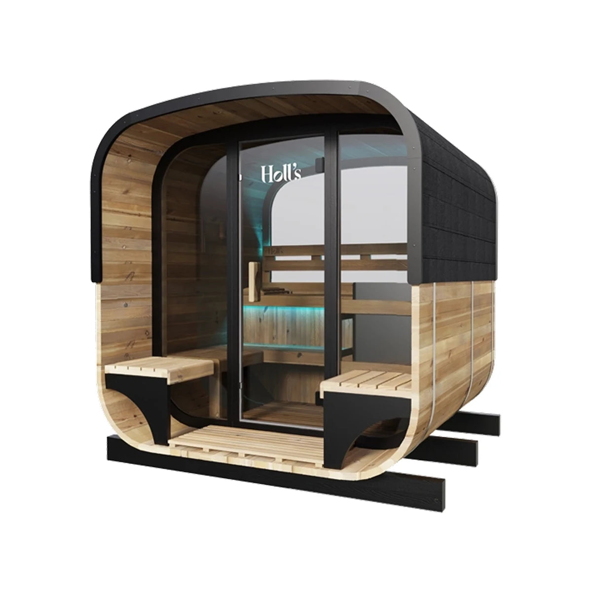 Holl's Hestia Lounge 210 outdoor sauna, three quarter view with covered terrace seats
