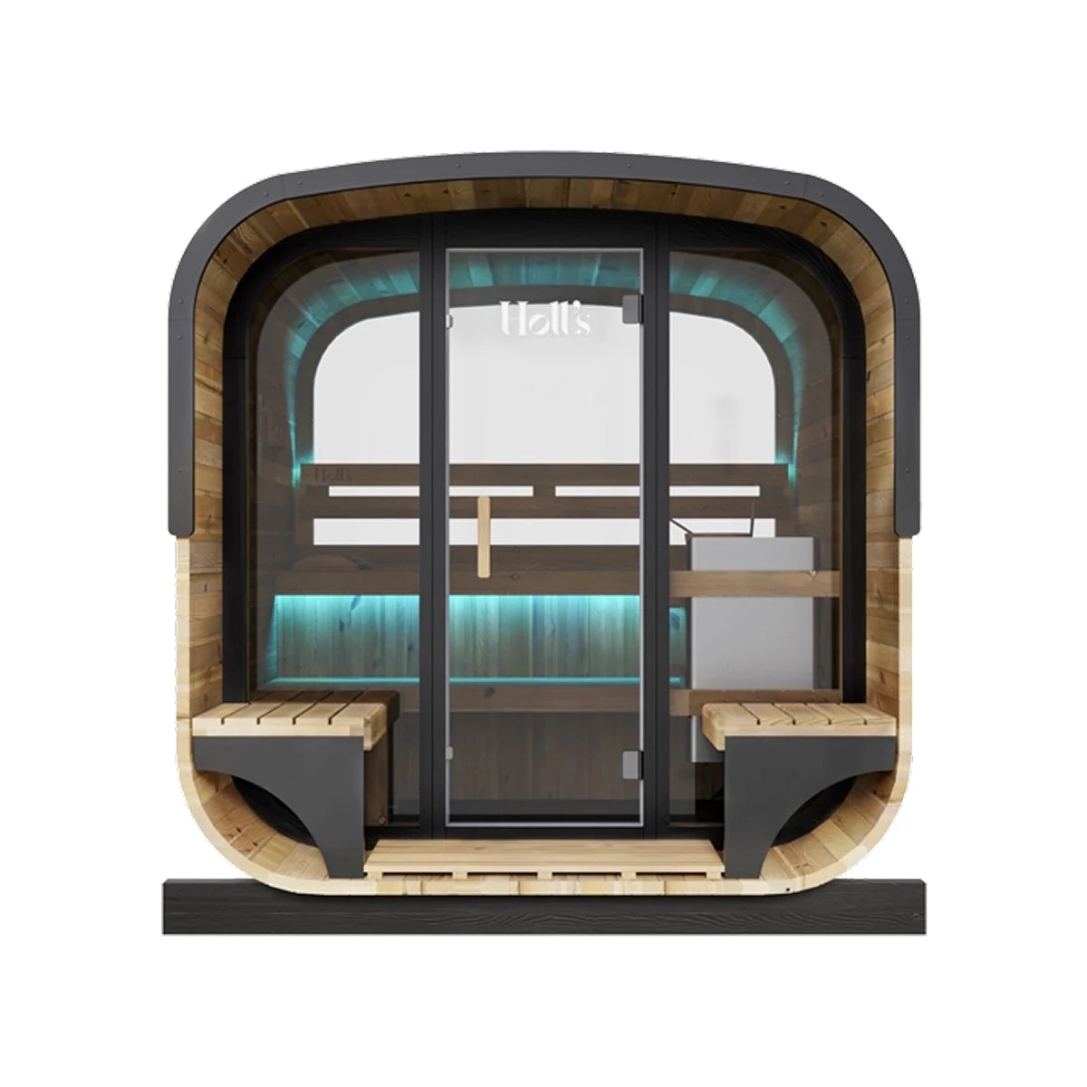 Holl's Hestia Lounge 210 outdoor sauna, front view through the terrace to the glass door