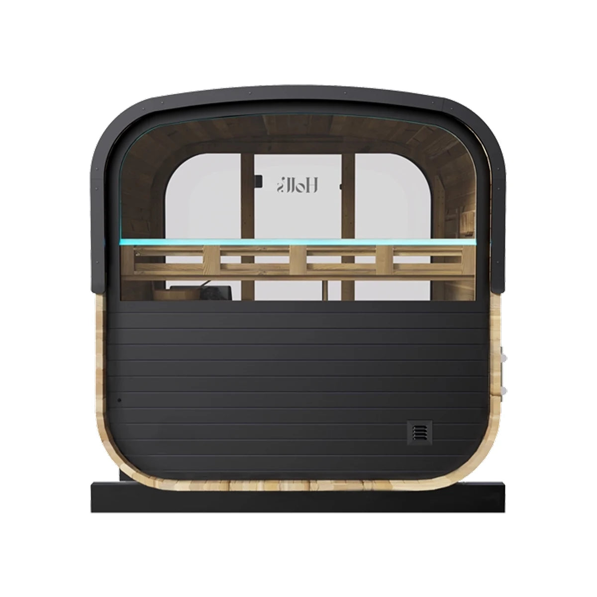 Holl's Hestia Lounge 210 outdoor sauna, rear view with half moon window
