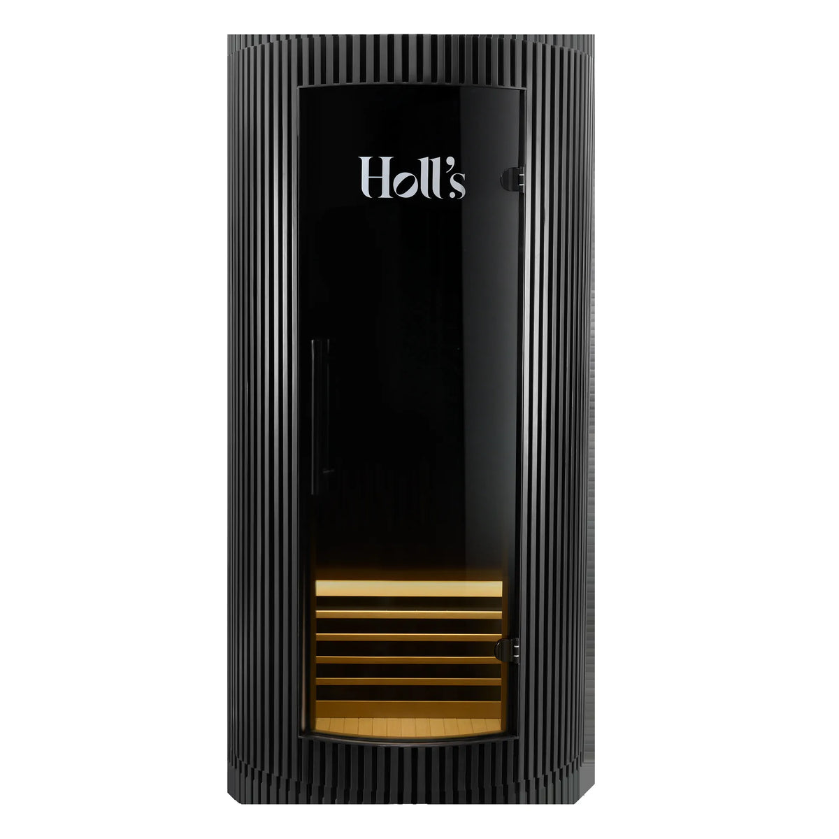 Holl's Moon 1 infrared sauna in black, front view with the curved glass door closed