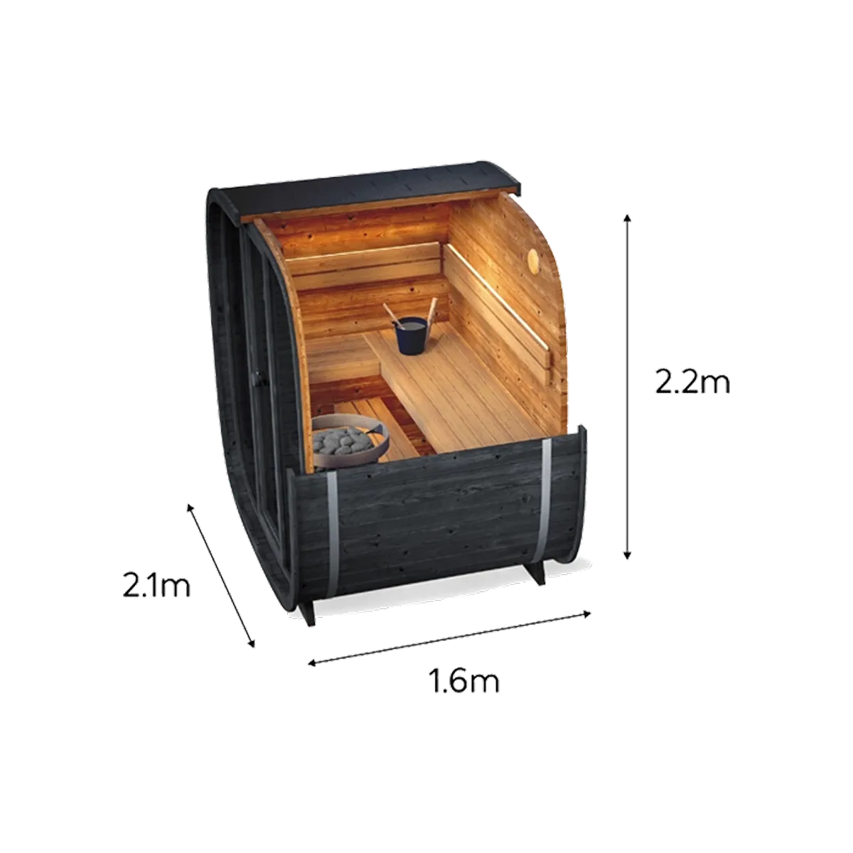 Holl's Onyxia Cube glazed front outdoor sauna dimension drawing, 2.1 m by 1.6 m by 2.2 m