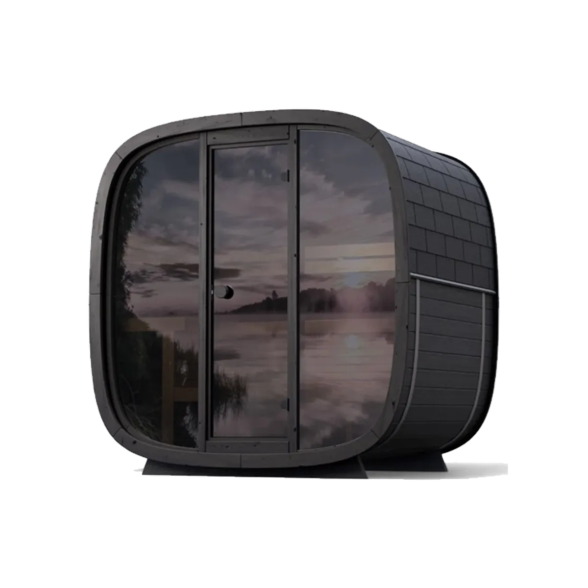 Holl's Onyxia Cube glazed front outdoor sauna, front three quarter view with black cladding