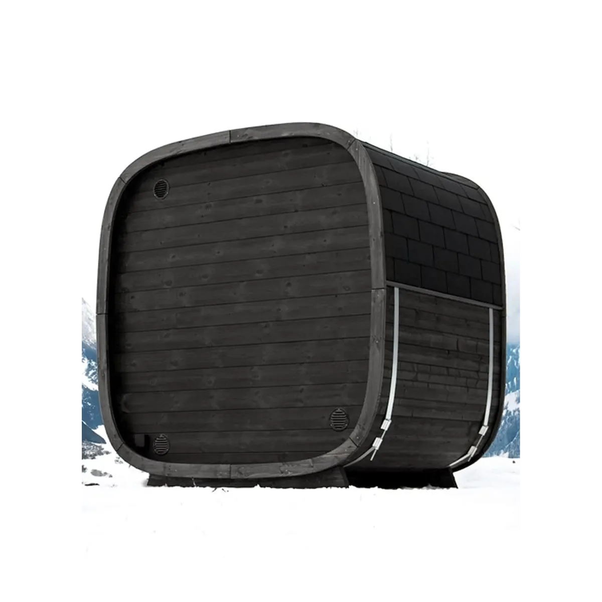 Holl's Onyxia Cube glazed front outdoor sauna, angled front view against a white background