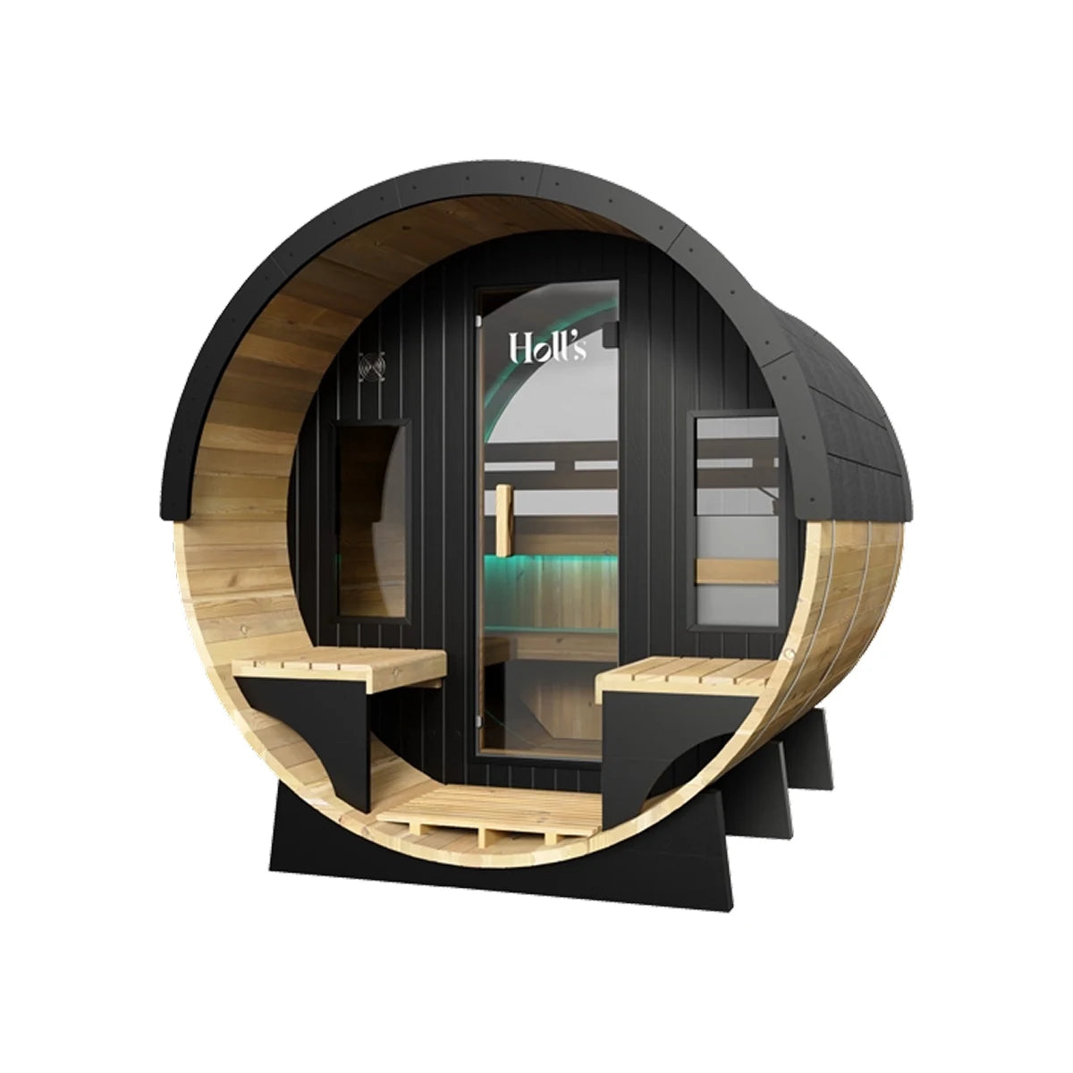 Holl's Orphée Lounge 240 barrel sauna, three quarter view with covered terrace seats