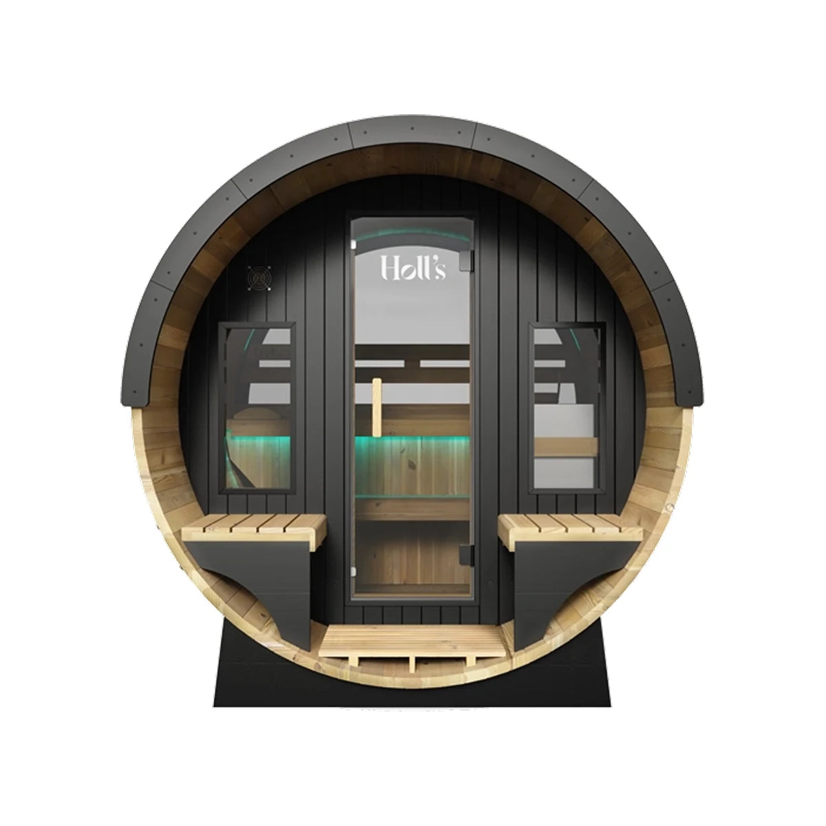 Holl's Orphée Lounge 240 barrel sauna, front view through the terrace to the glass door