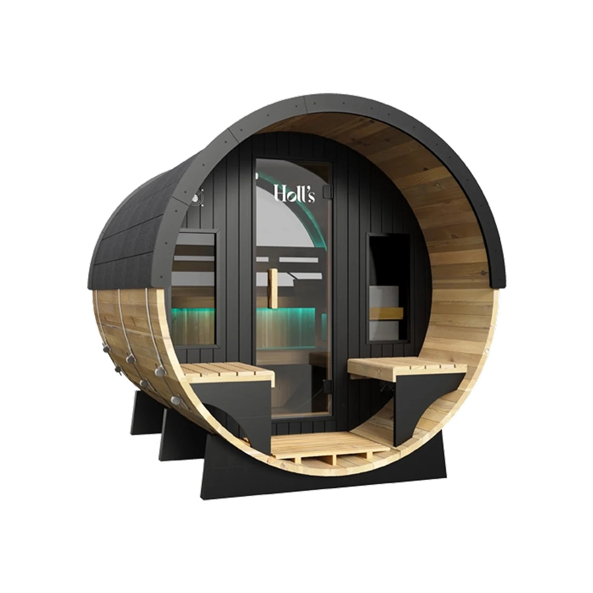 Holl's Orphée Lounge 240 barrel sauna, three quarter view from the other side