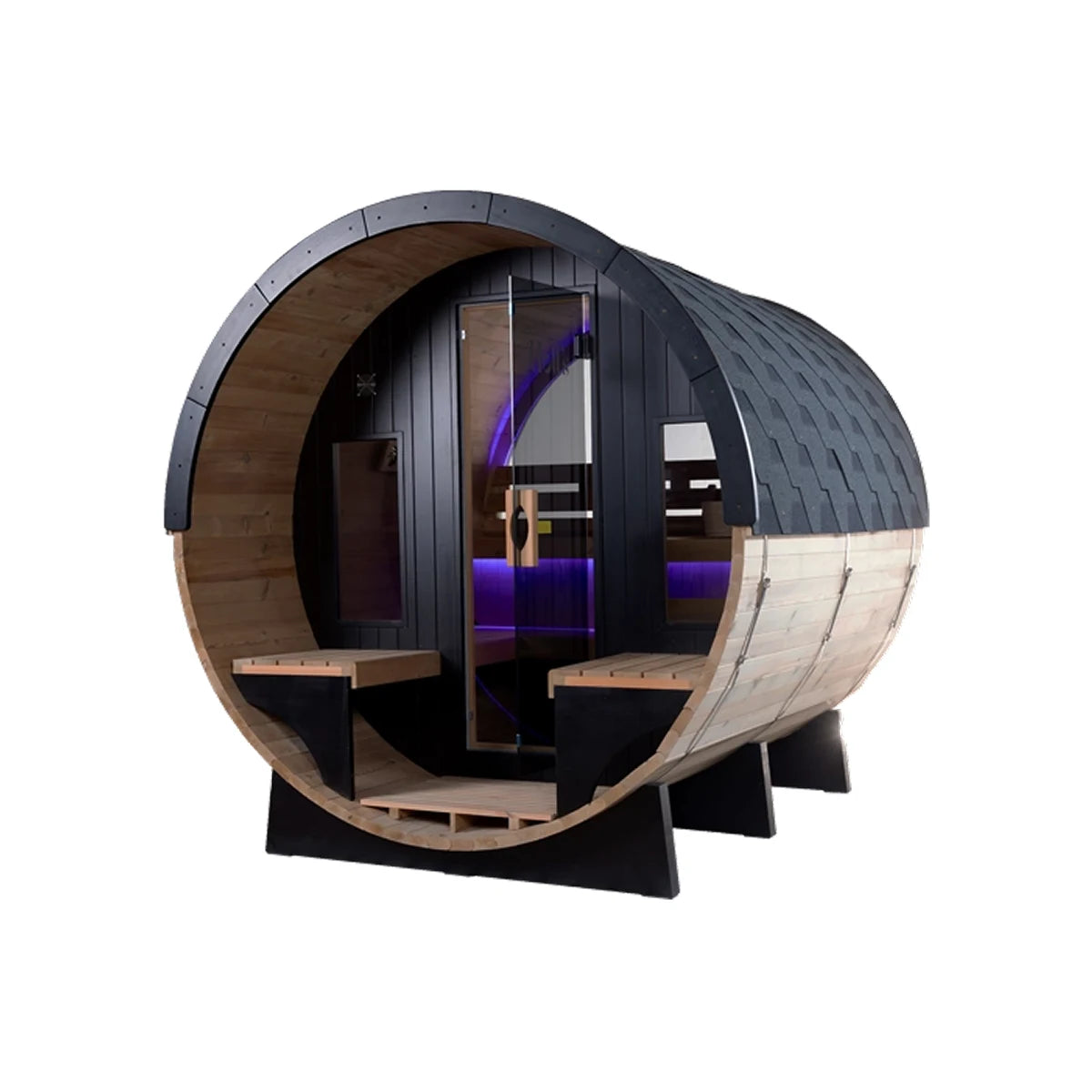 Holl's Orphée Lounge 240 barrel sauna, three quarter view with purple LED lighting inside