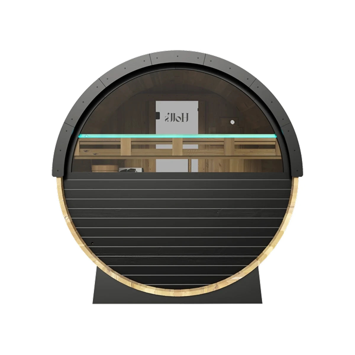 Holl's Orphée Lounge 240 barrel sauna, rear view with half moon window
