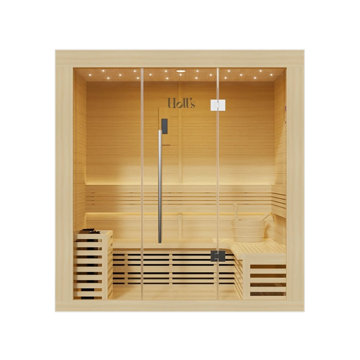 Holl's Utopia 4 indoor sauna, front view with full glass front and benches
