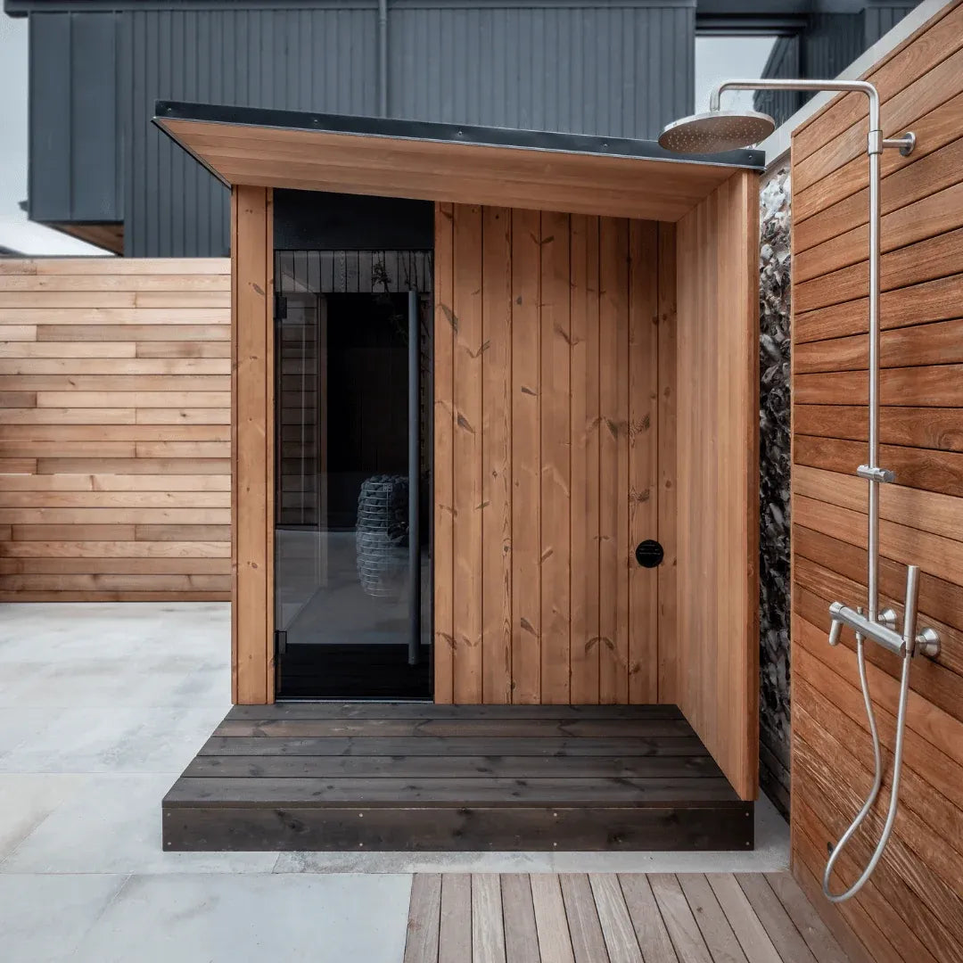 URSA outdoor sauna, front elevation on a deck