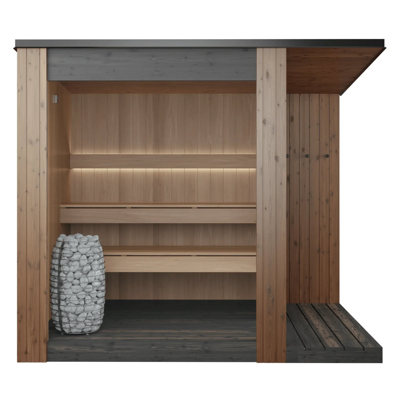 URSA outdoor sauna, natural finish, cutaway view of the two tiered benches