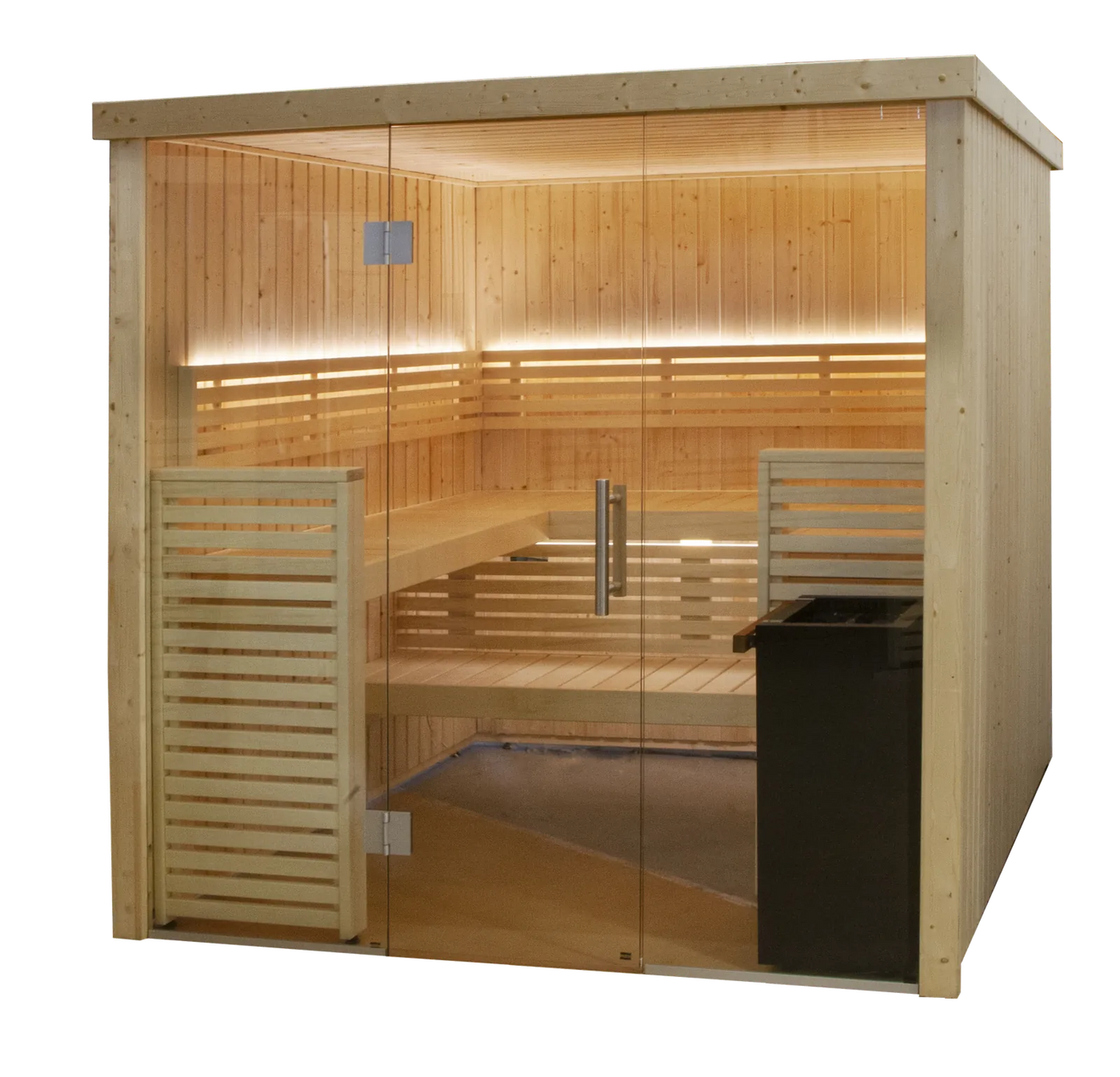 Variant View interior with aspen benches and a Harvia The Wall heater