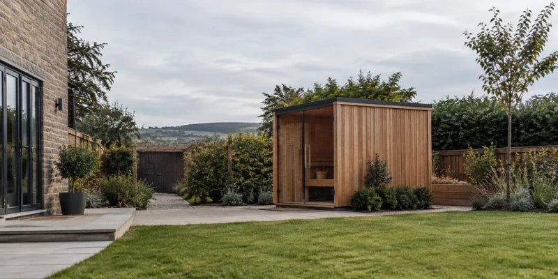 Outdoor sauna positioned in a UK garden
