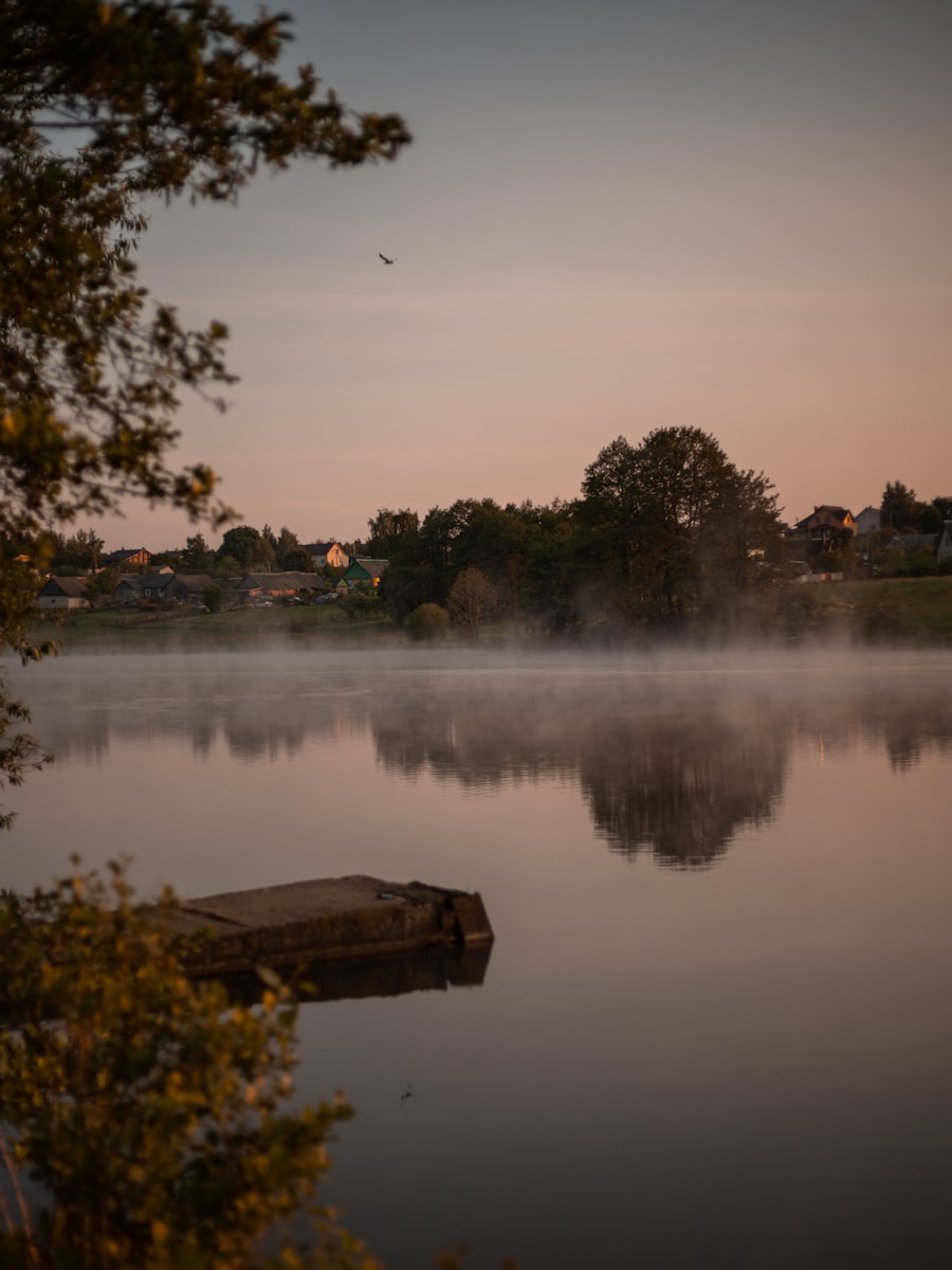 Dawn mist lifting off still water, with a small timber jetty at the near shore.