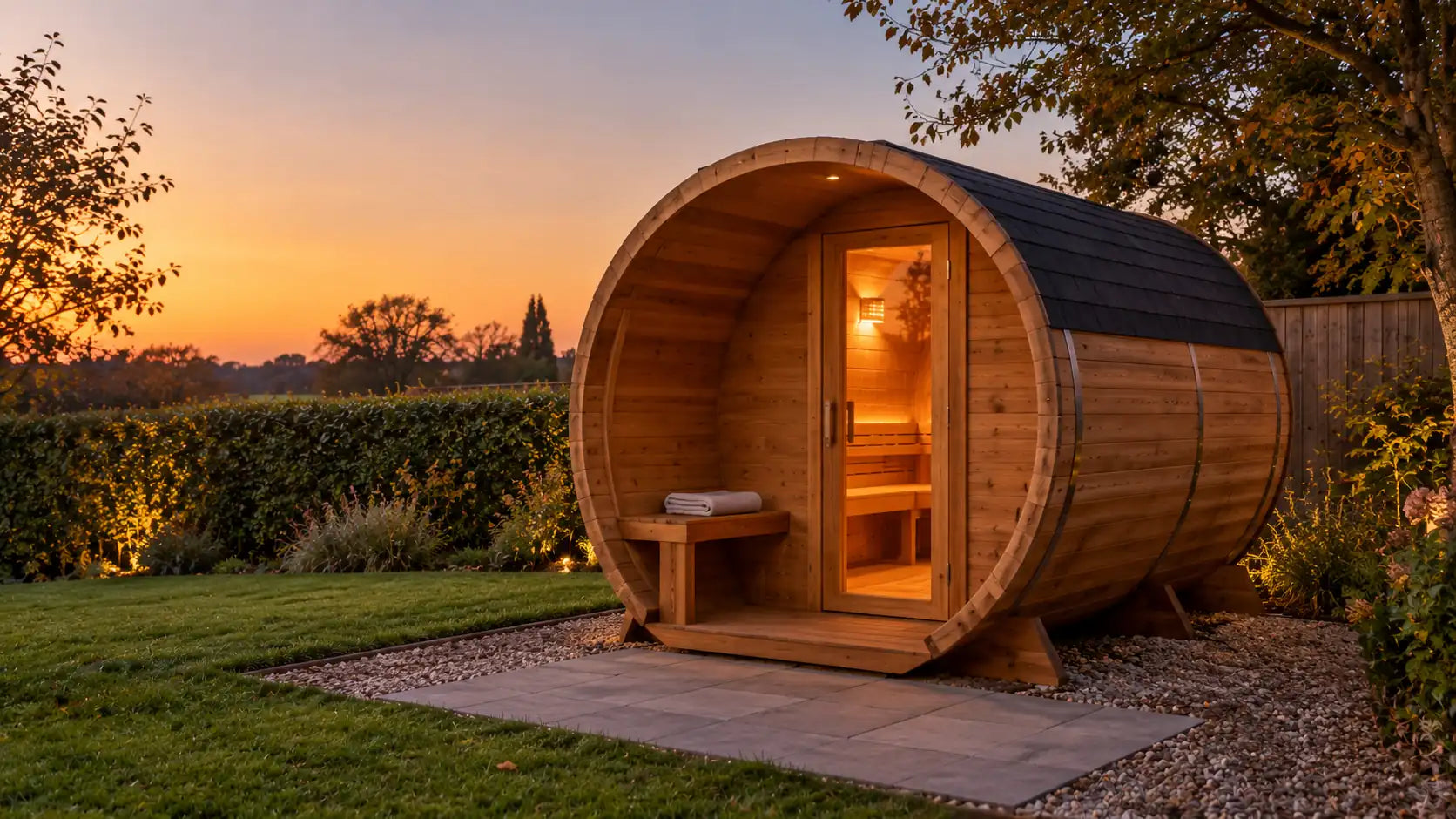 Cedar barrel sauna with a covered porch and a bench under the canopy in a garden at dusk