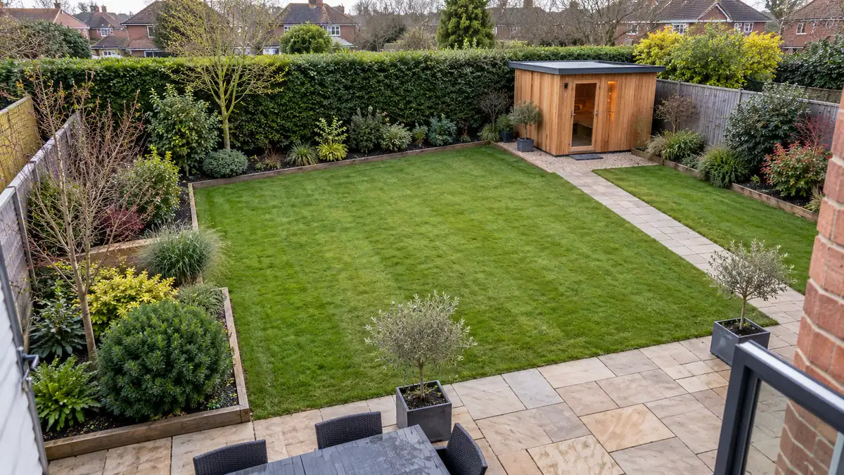 A back garden seen from above with a cabin sauna on a gravel base and a path leading to it