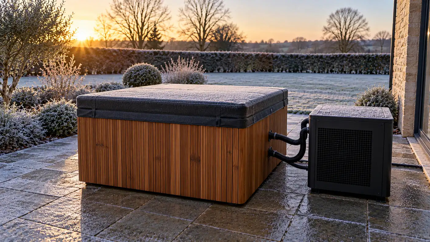 Cold plunge closed under its insulated cover on a frosty morning with the chiller beside it